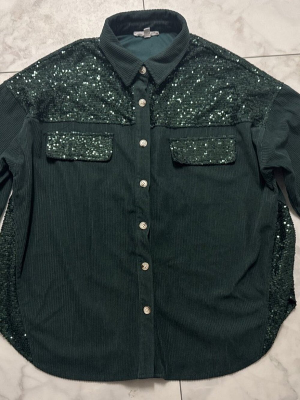 Sewn + Seen Sequin Corduroy Button Down Shirt Womens Large Green Long Sleeve